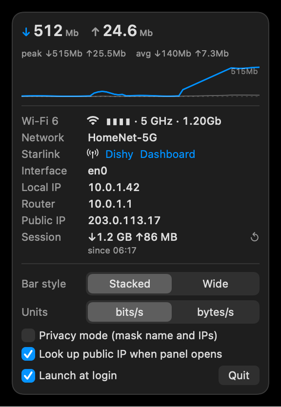 The NetBar panel on sample data: live speeds, sparkline, Wi-Fi name, Starlink links, IPs, session totals