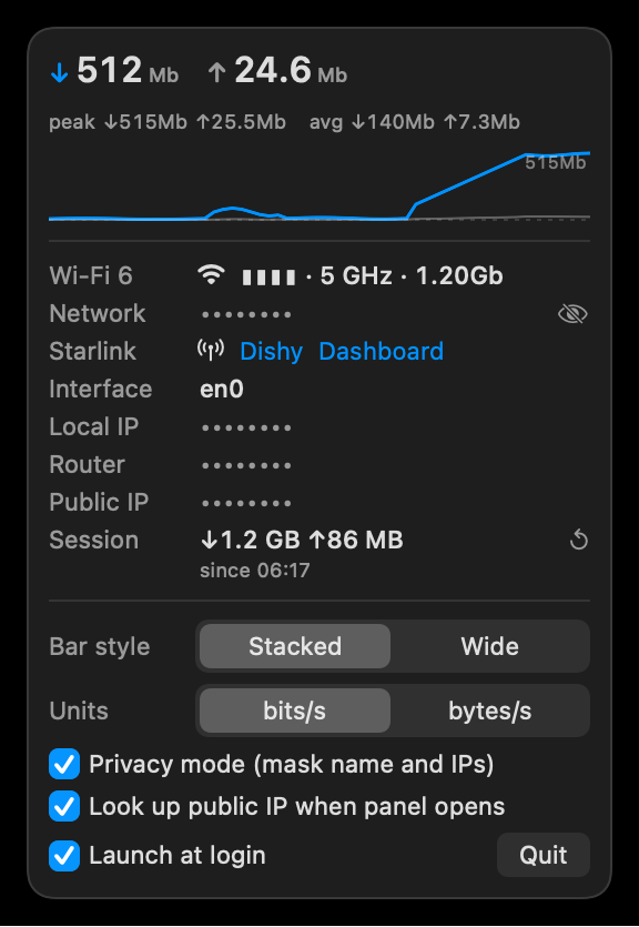The NetBar panel with privacy mode on: network name and addresses masked